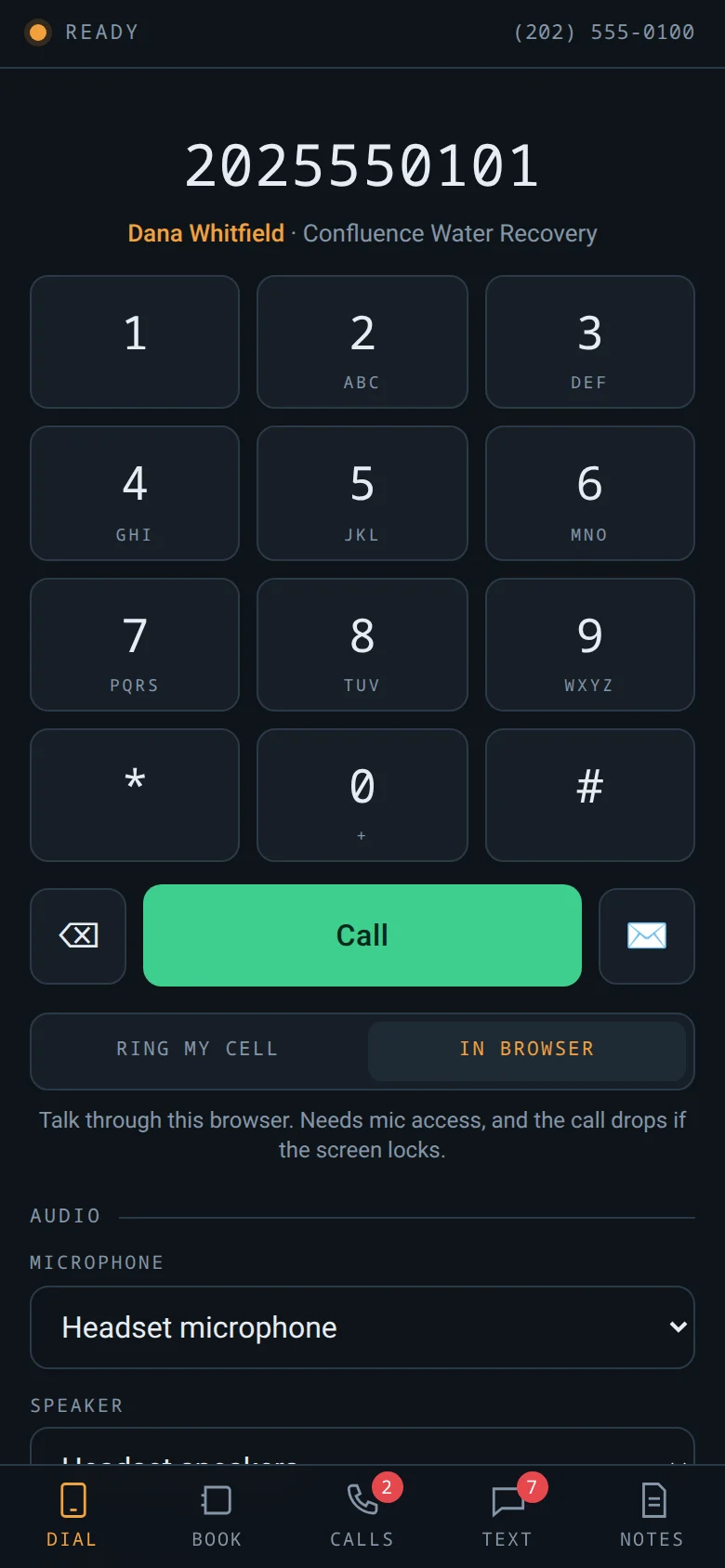 Browser business phone and dialer screen